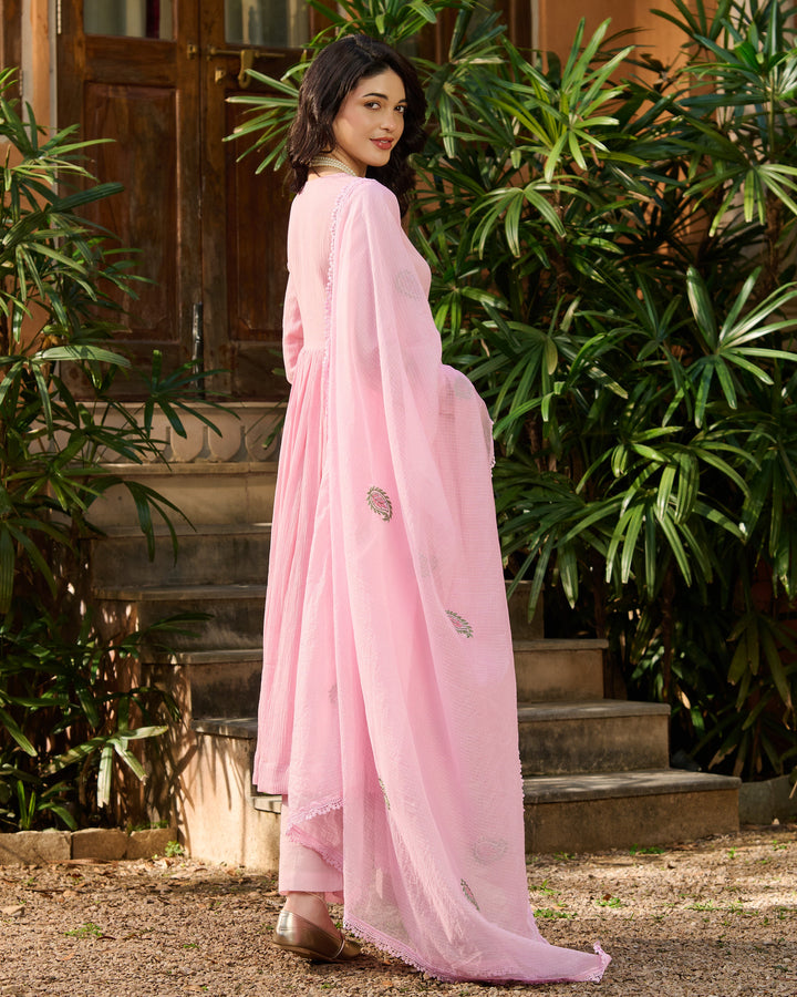 Pero Light Pink Embroidered Cotton Crush Suit Set