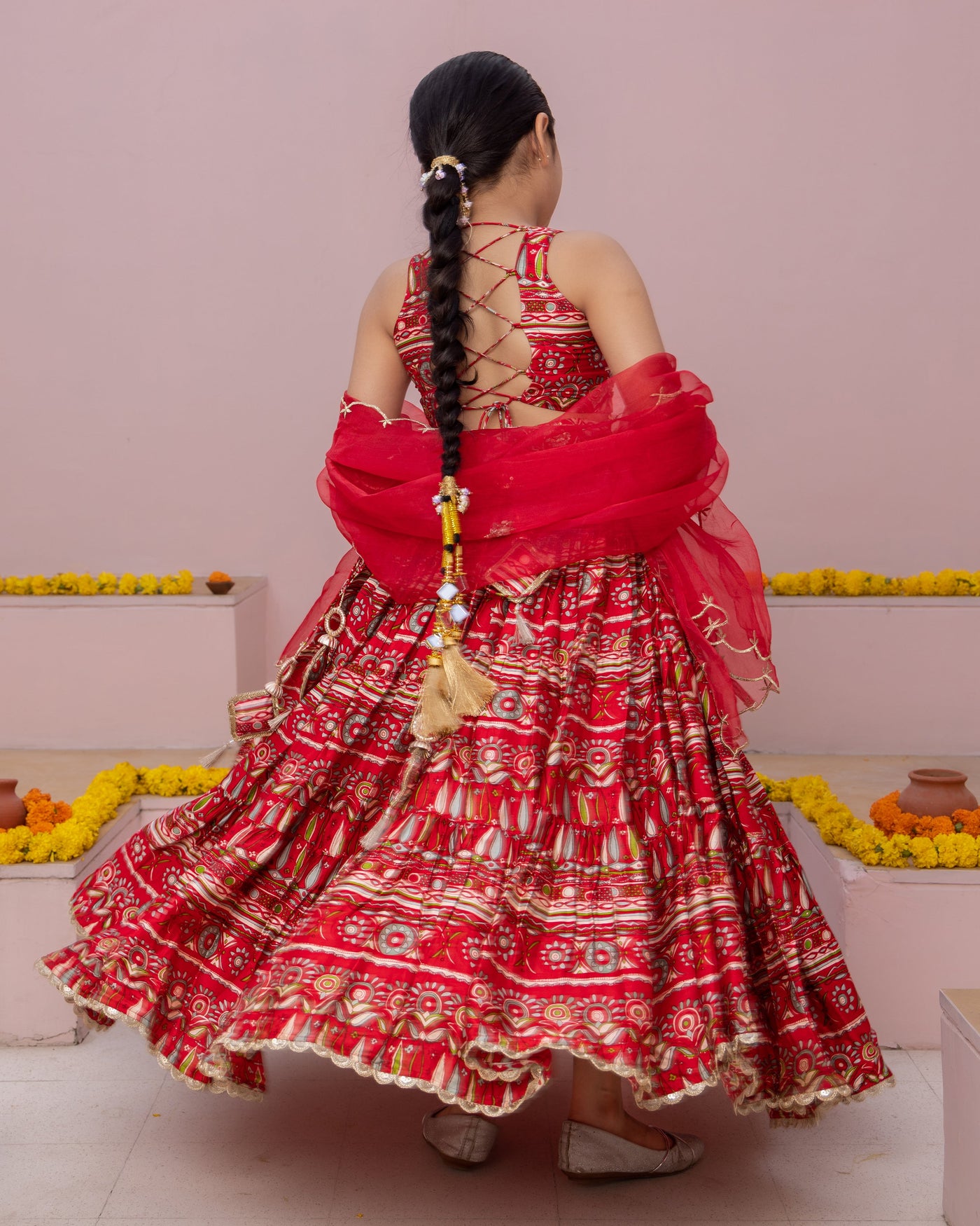 Nashra Red Printed Chanderi Lehenga Set