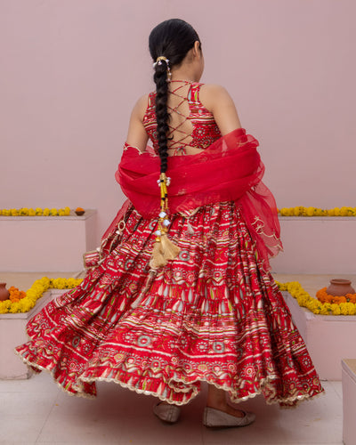 Nashra Red Printed Chanderi Lehenga Set