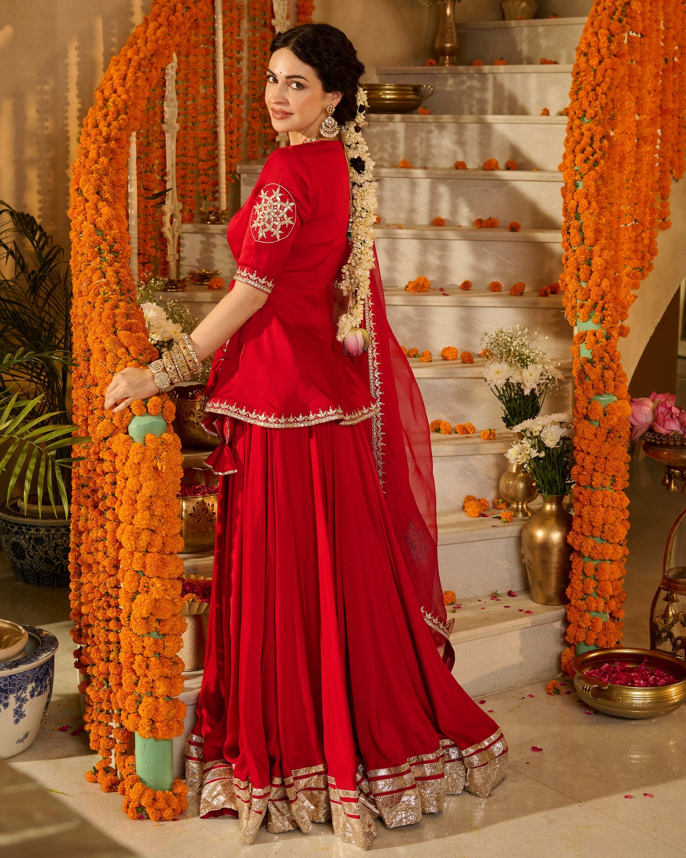 Mehka Red Solid Satin Lehenga Set
