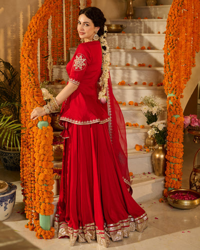 Mehka Red Solid Satin Lehenga Set