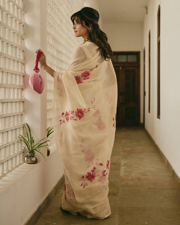 Iraaya Peach Handpainted Chiffon Saree