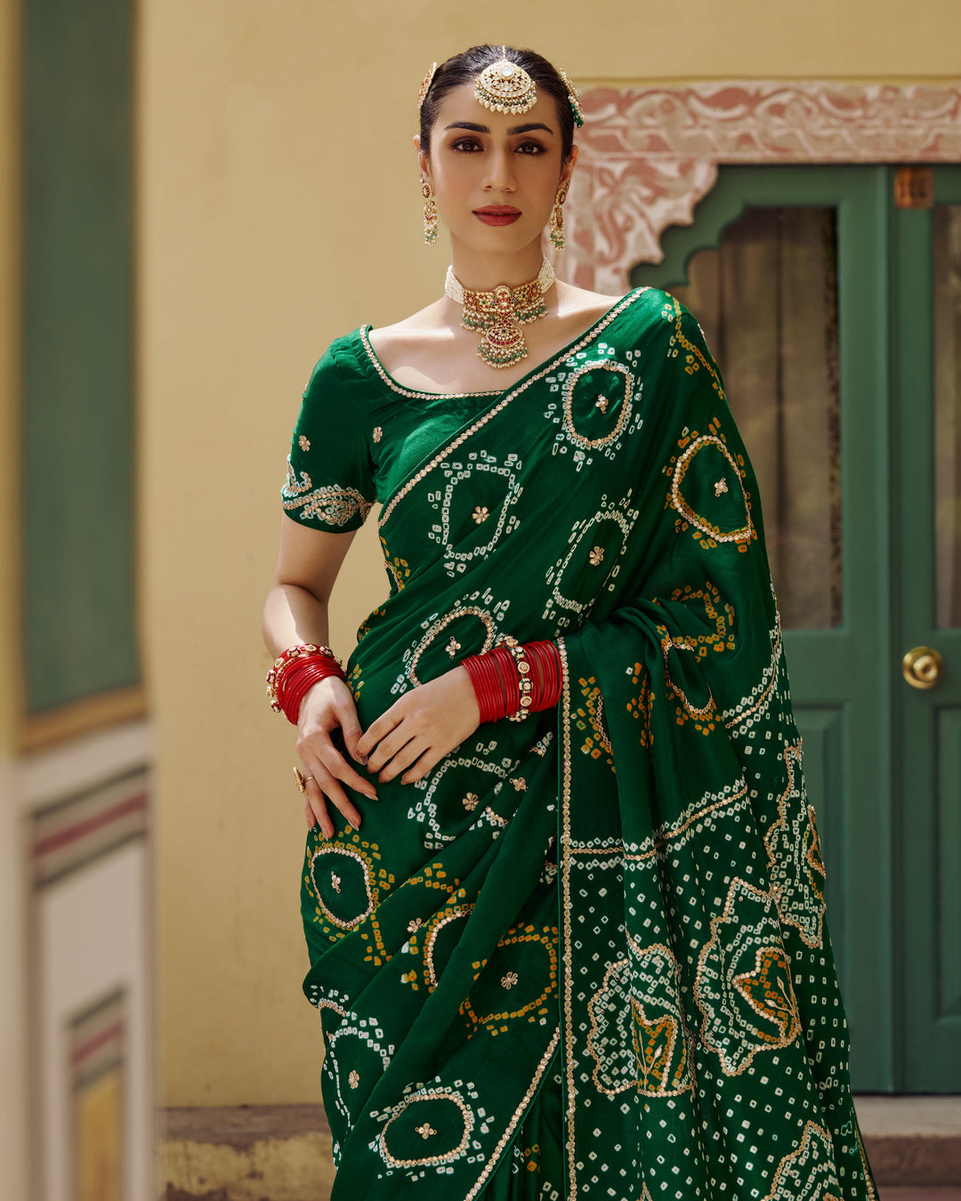 Varsha Green Embroidered Kajol Bandhej Silk Saree