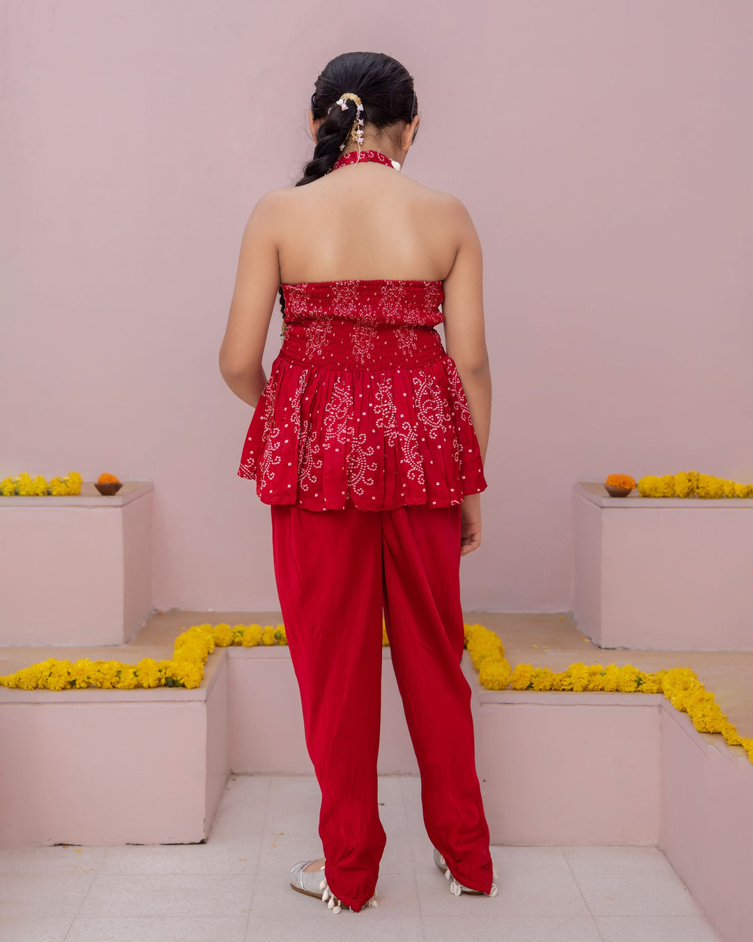 Mrunal Red Bandhani Satin Coord Set
