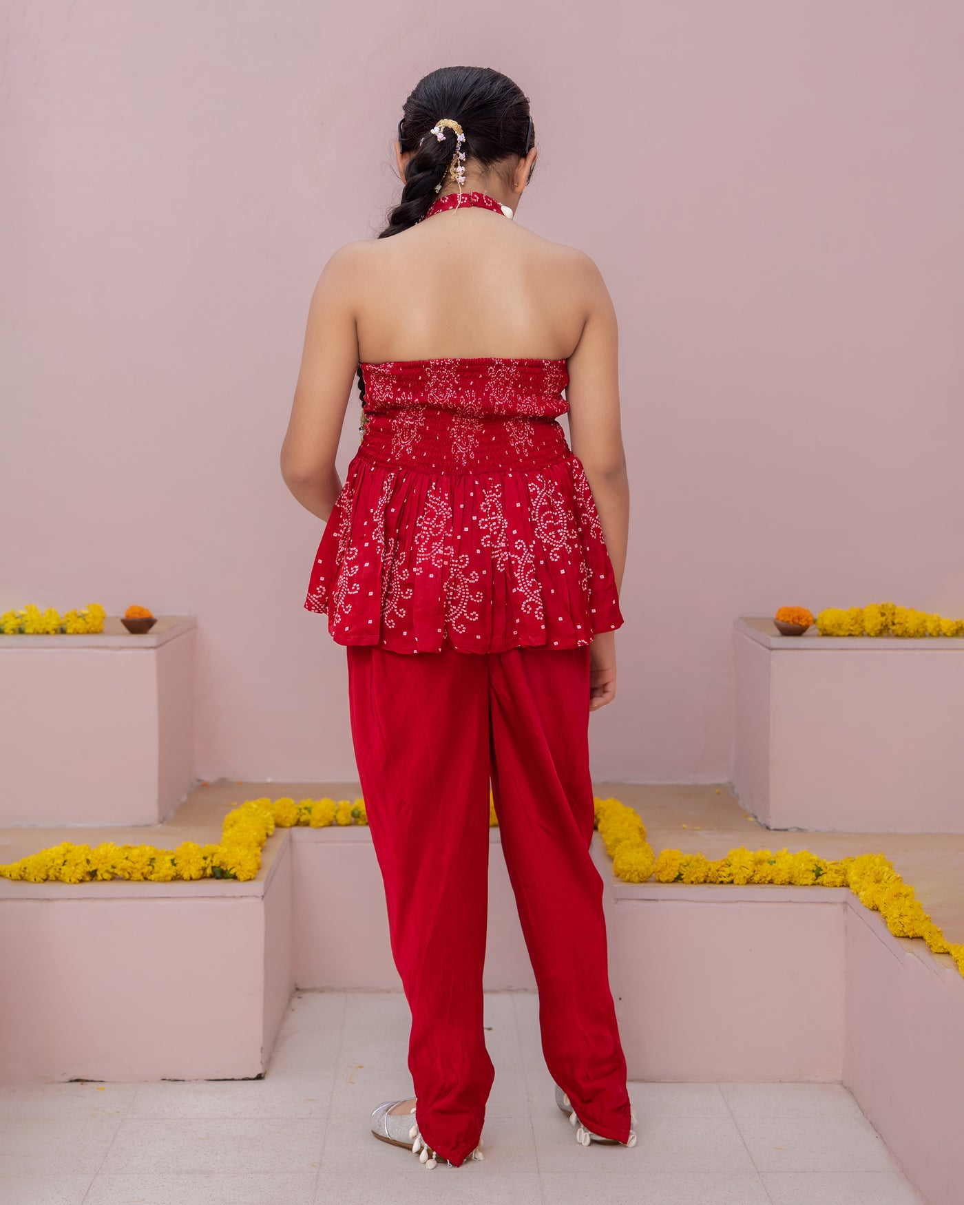 Mrunal Red Bandhani Satin Coord Set