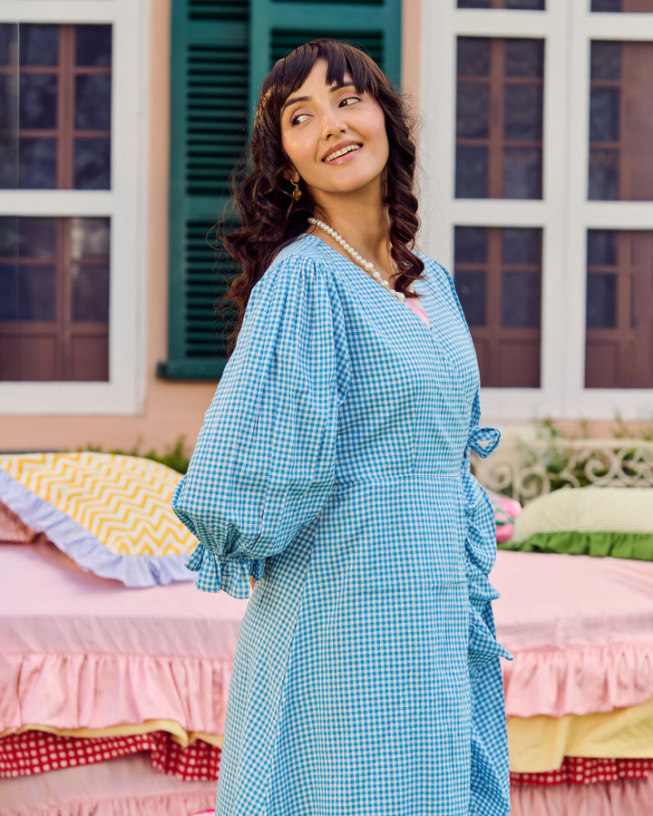 Sri Sky Blue Cotton Checks Dress