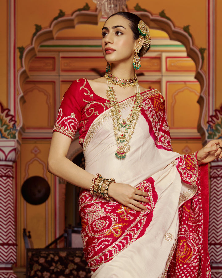Ghanan White Embroidered Kajol Bandhej Silk Saree