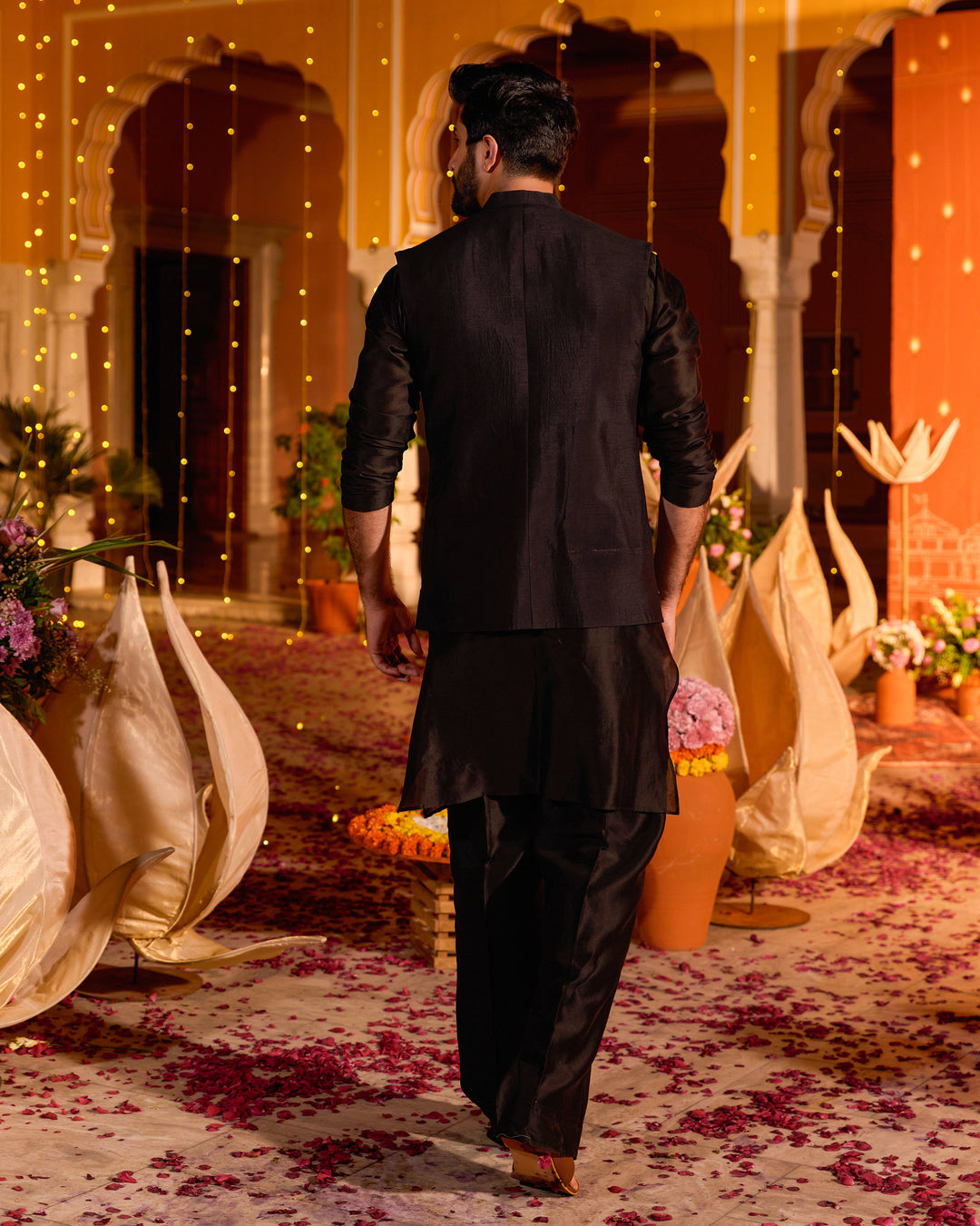 Ratan Black Chanderi Embroidered Jacket And Kurta Set