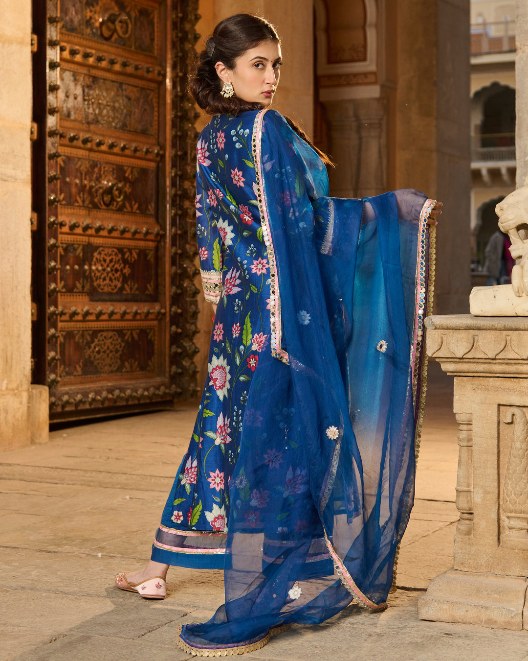 Beat Blue Printed Chanderi Suit Set