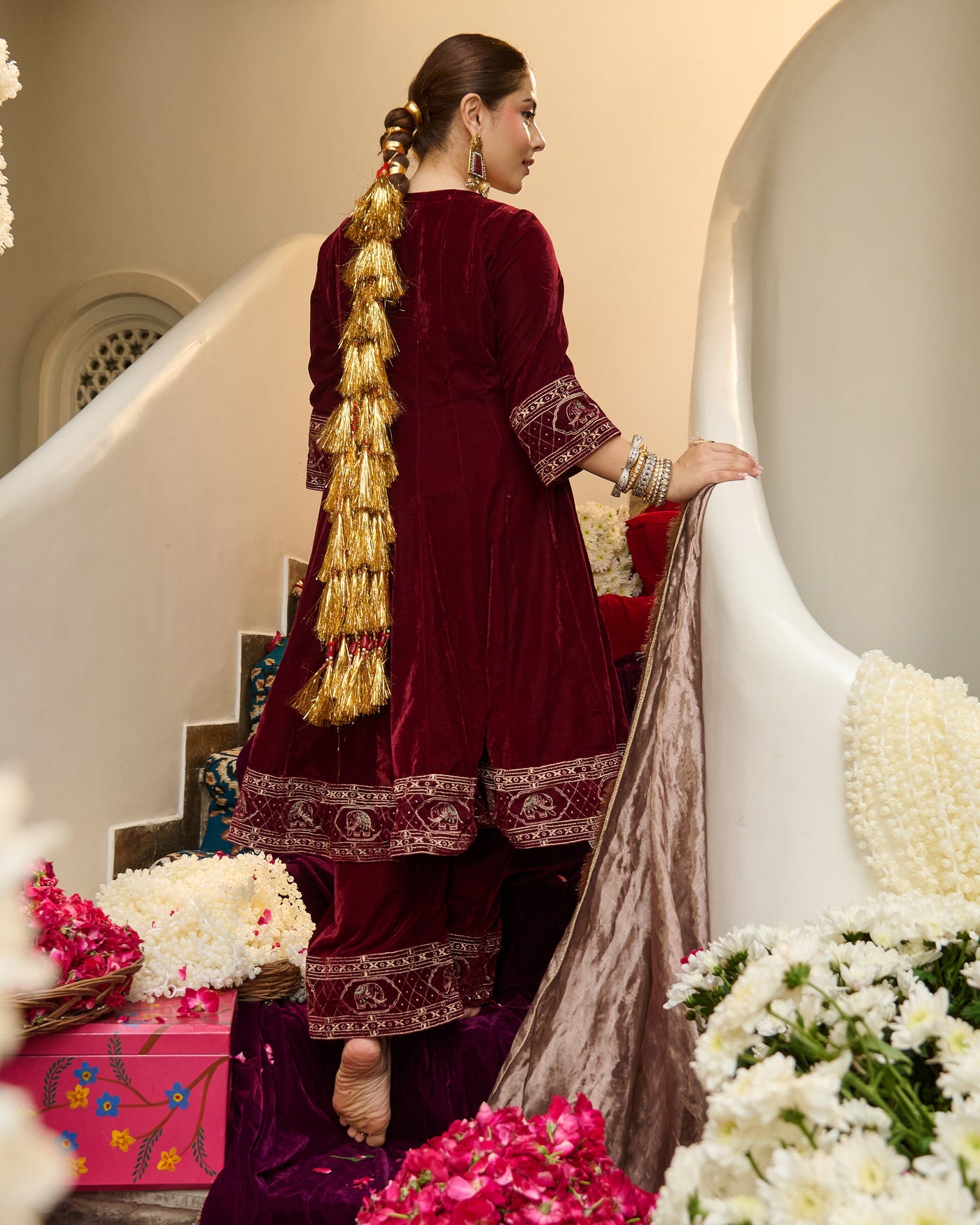 Ivaan Maroon Embroidered Velvet Suit Set