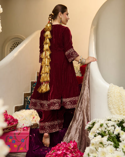 Ivaan Maroon Embroidered Velvet Suit Set