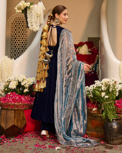 Arzu Blue Embroidered Velvet Suit Set