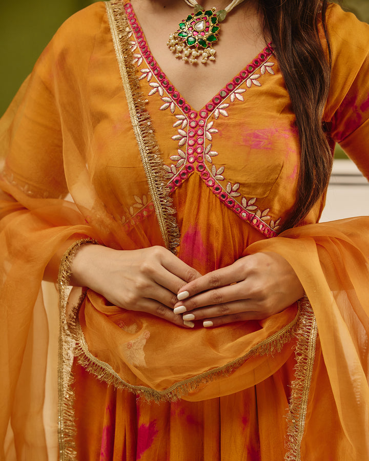 Sapna Orange Pink Tie Dye Muslin Suit Set