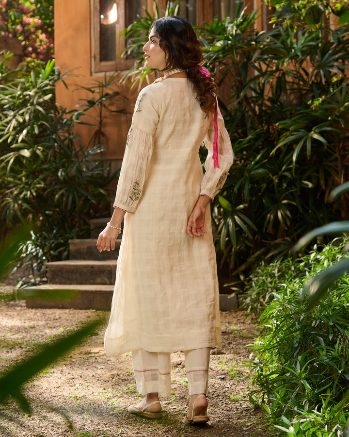 Sidoni Off White Embroidered Cotton Checks Kurta Set