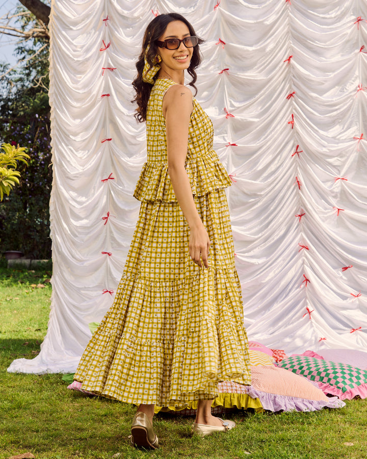 Emer Olive Cotton Checks Printed Dress