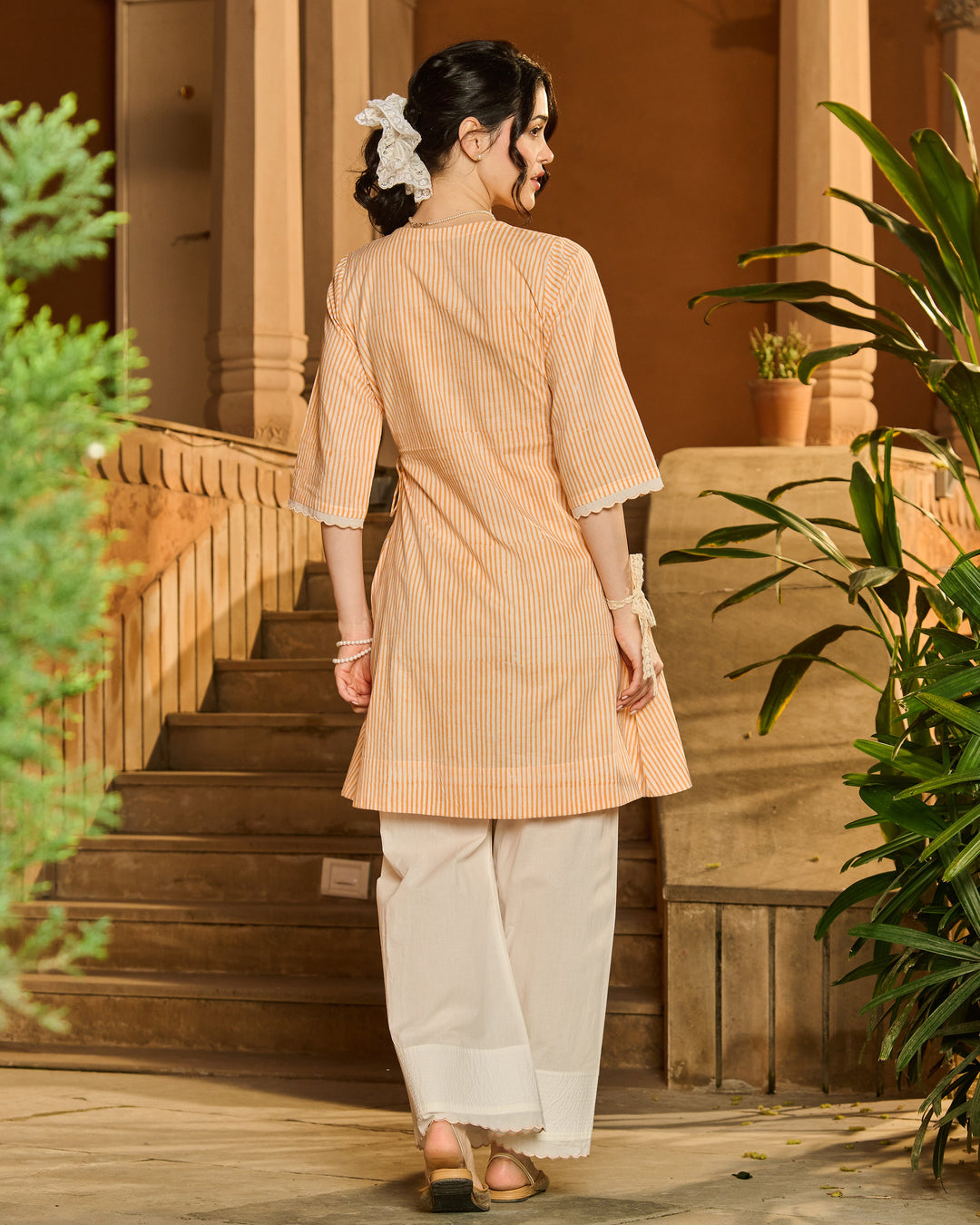Manon Orange Printed Cotton Stripes Kurta Set