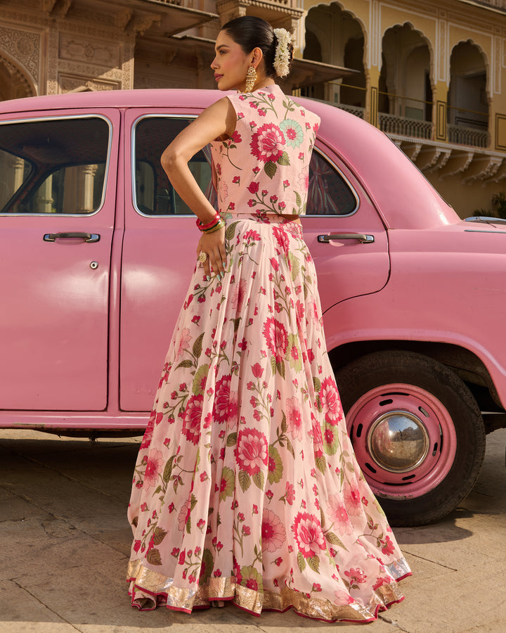 Noble Light Pink Printed Viscose Organza Lehenga Set
