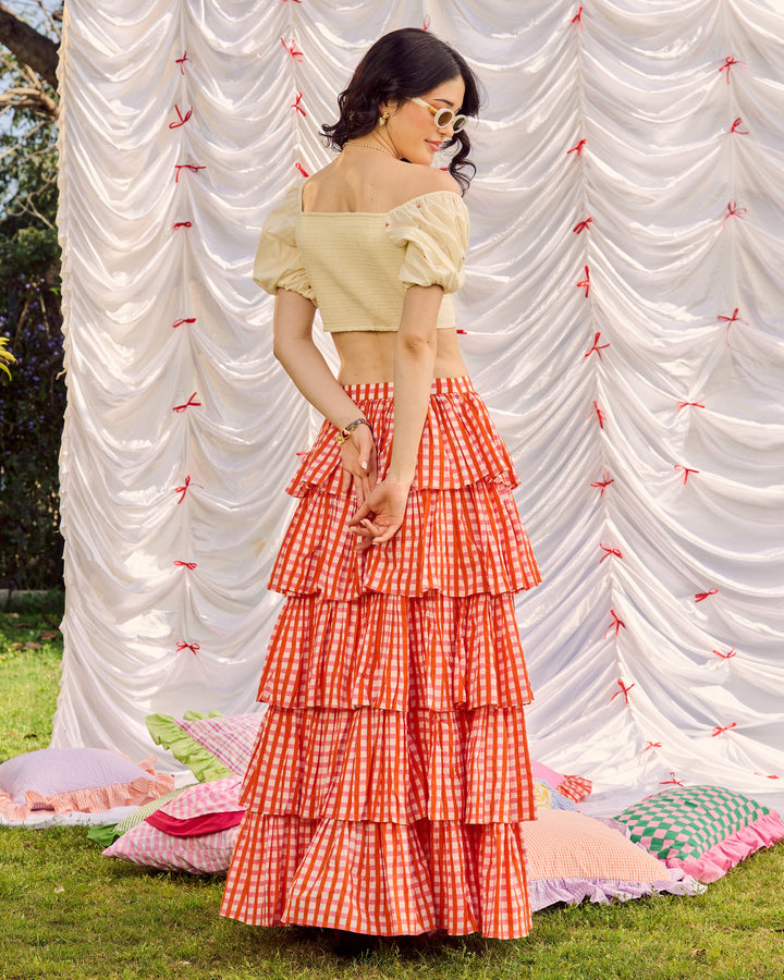 Savana Orange Embroidered Cotton Checks Printed Coord Set