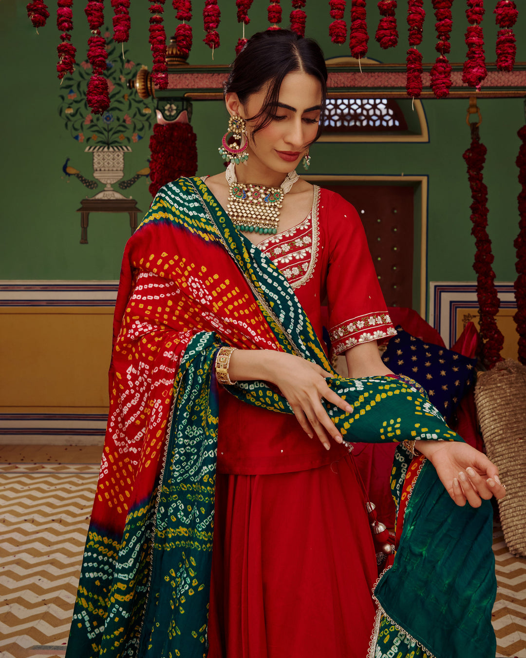 Anuroop Red Embroidered Chanderi Lehenga Set