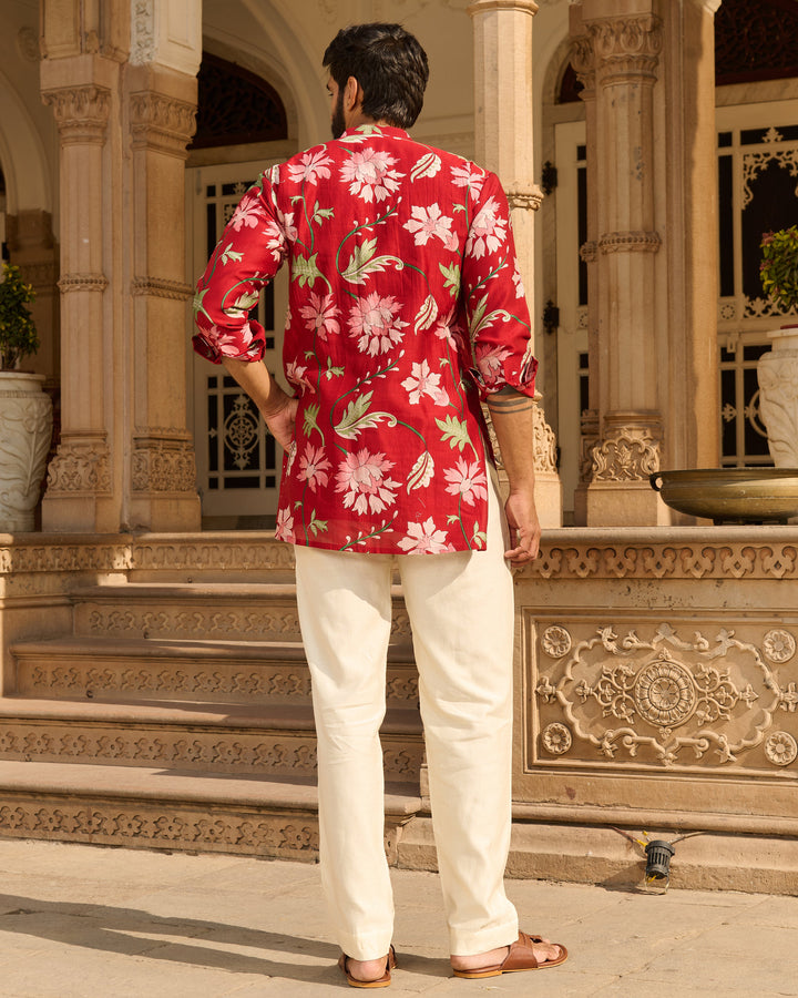 Ekam Red Printed Chanderi Kurta