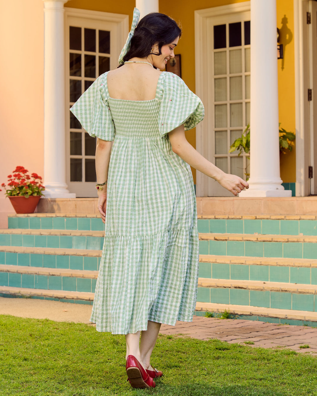 Eilish Green Embroidered Cotton Checks Dress