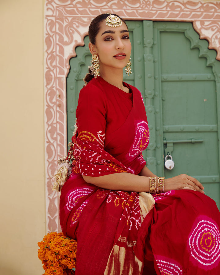 Maru Red Bandhej Silk Saree