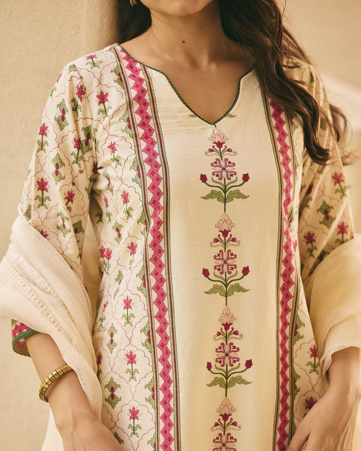 Kaisan Beige Cotton Printed Suit Set