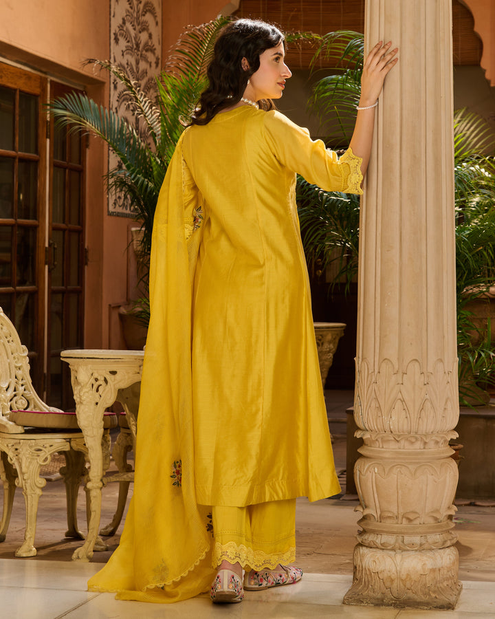 Anoop Yellow Embroidered Chanderi Suit Set