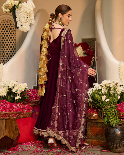 Mahika Purple Solid Velvet Suit Set