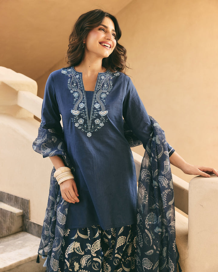 Nella Blue Cotton Printed Farsi Salwar Set
