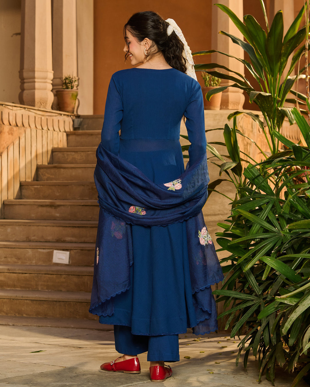 Spark Blue Embroidered Cotton Crush Suit Set