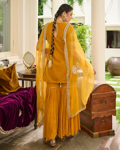 Kavi Yellow Embroidered Velvet Sharara Set