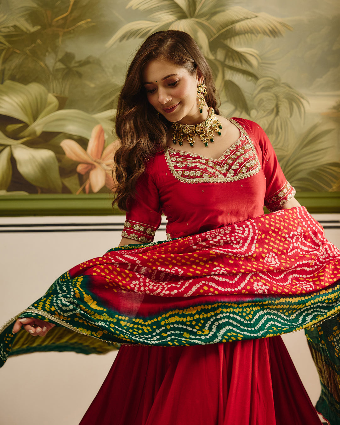 Anuroop Red Embroidered Chanderi Lehenga Set