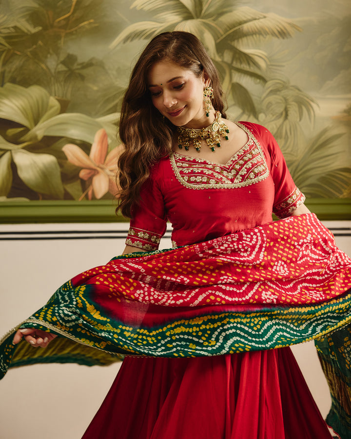 Anuroop Red Embroidered Chanderi Lehenga Set