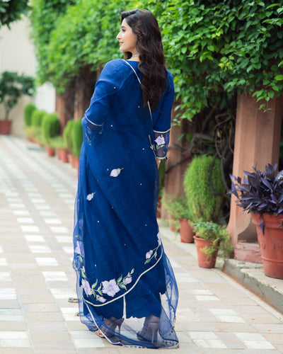 Molshree Blue Handpainted Chanderi Suit Set