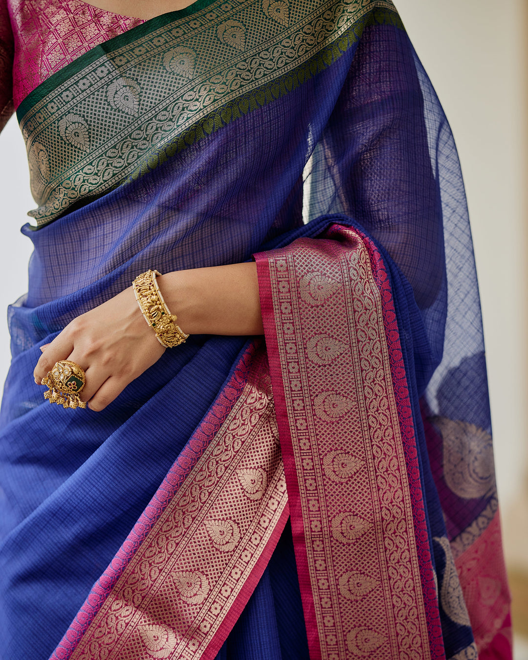 Regal Blue Pink Doria Butta Border Saree