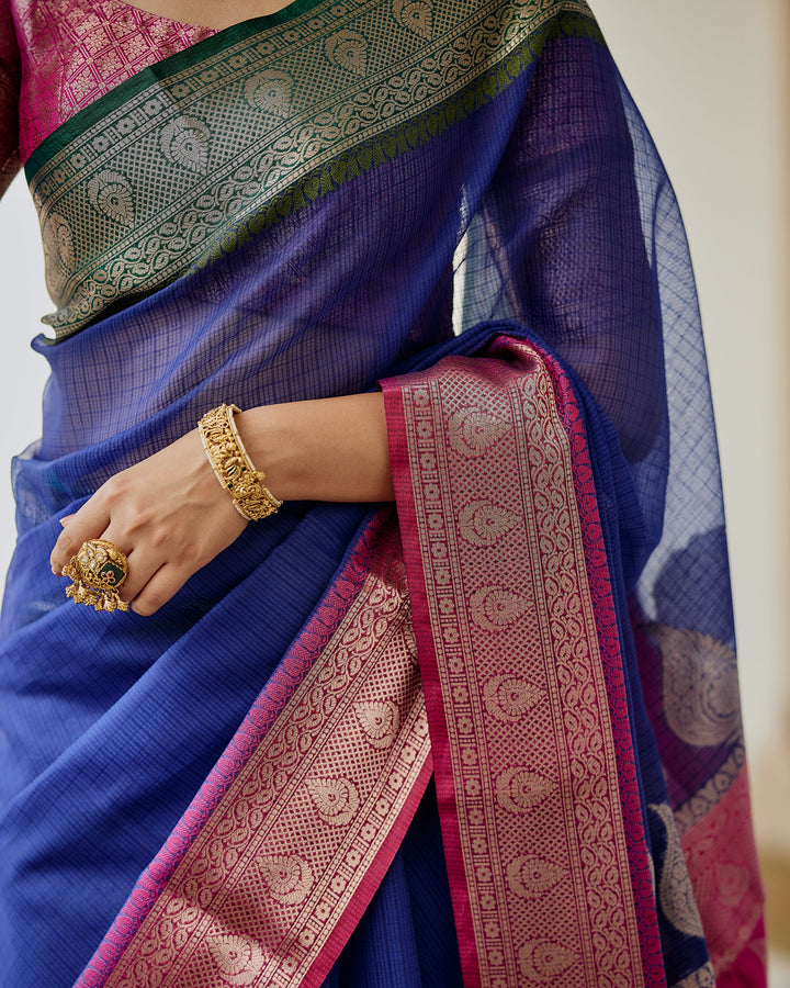 Regal Blue Pink Doria Butta Border Saree