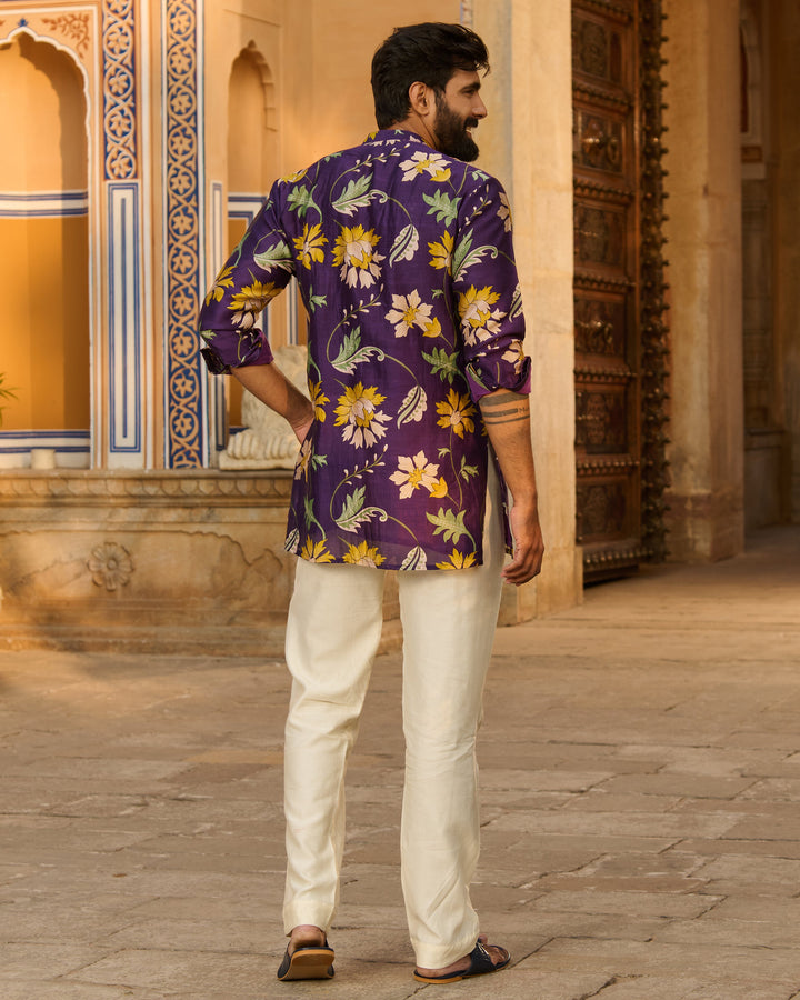 Yuvraj Purple Printed Chanderi Kurta