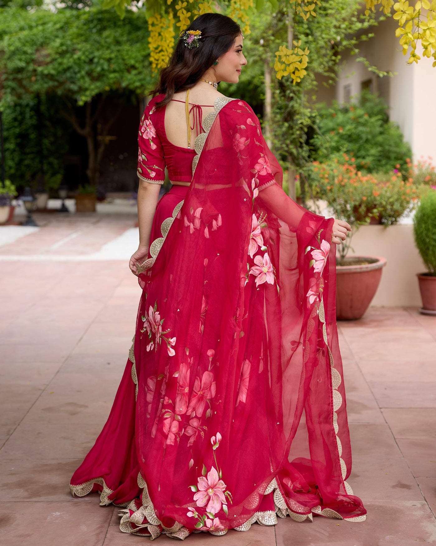 Gudhal Red Handpainted Crepe Lehenga Set