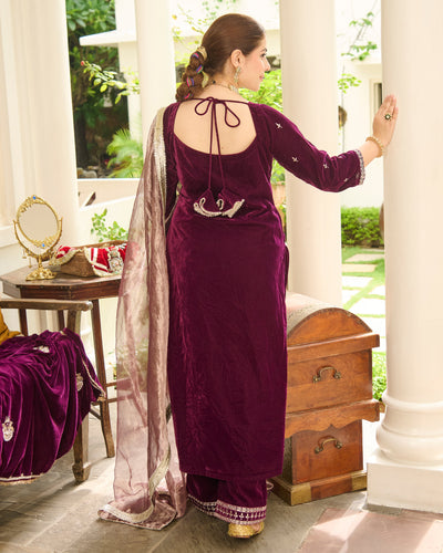 Yug Purple Embroidered Velvet Suit Set
