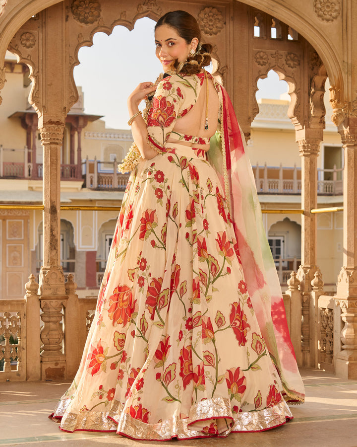 Fiza Cream Printed Viscose Organza Lehenga Set