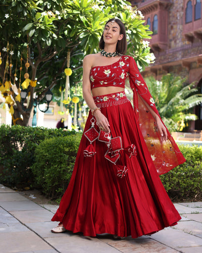 Rutvi Red Handpainted Satin Lehenga Set