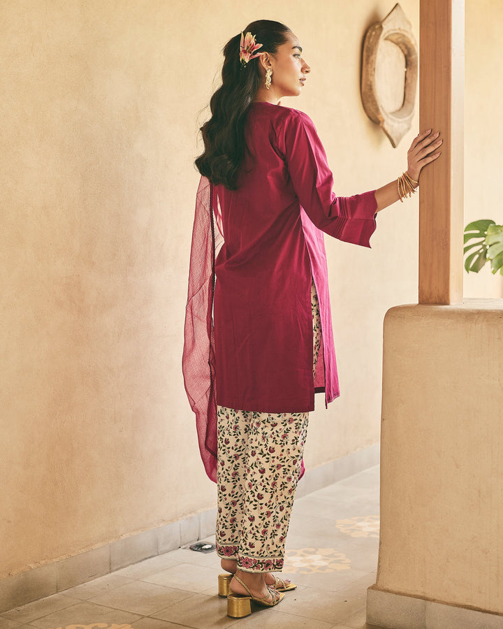 Gena Purple Cotton Printed Suit Set