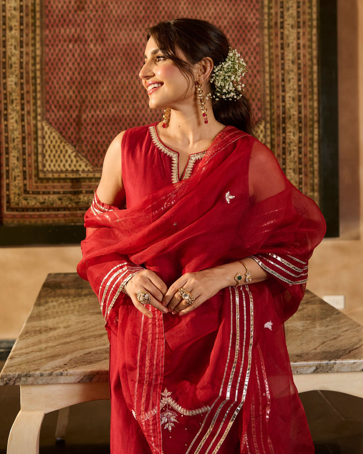 Jugni Maroon Solid Chanderi Suit Set