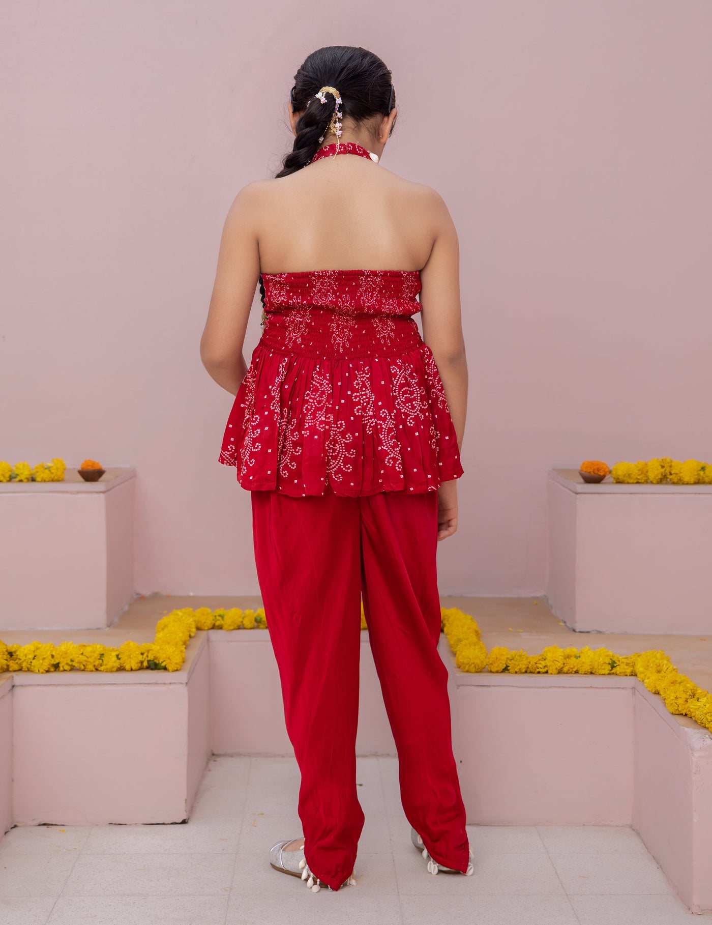 Mrunal Red Bandhani Satin Coord Set