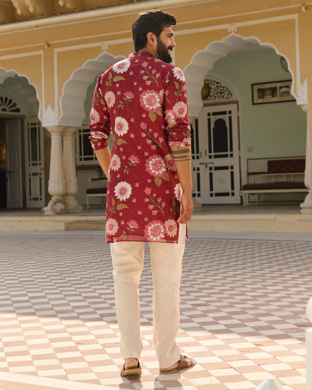 Dev Maroon Printed Chanderi Kurta