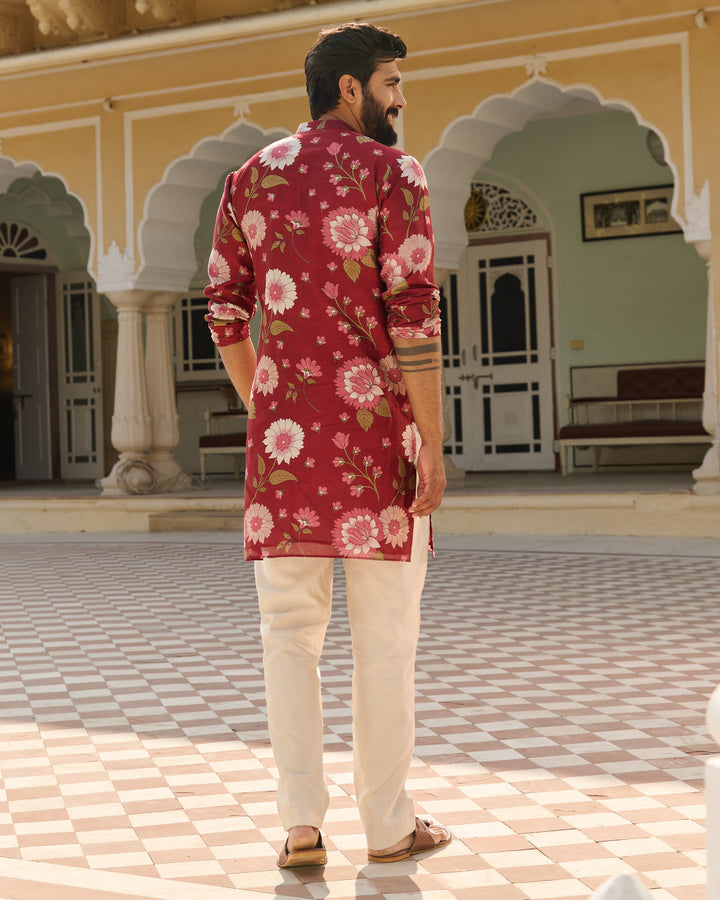 Dev Maroon Printed Chanderi Kurta