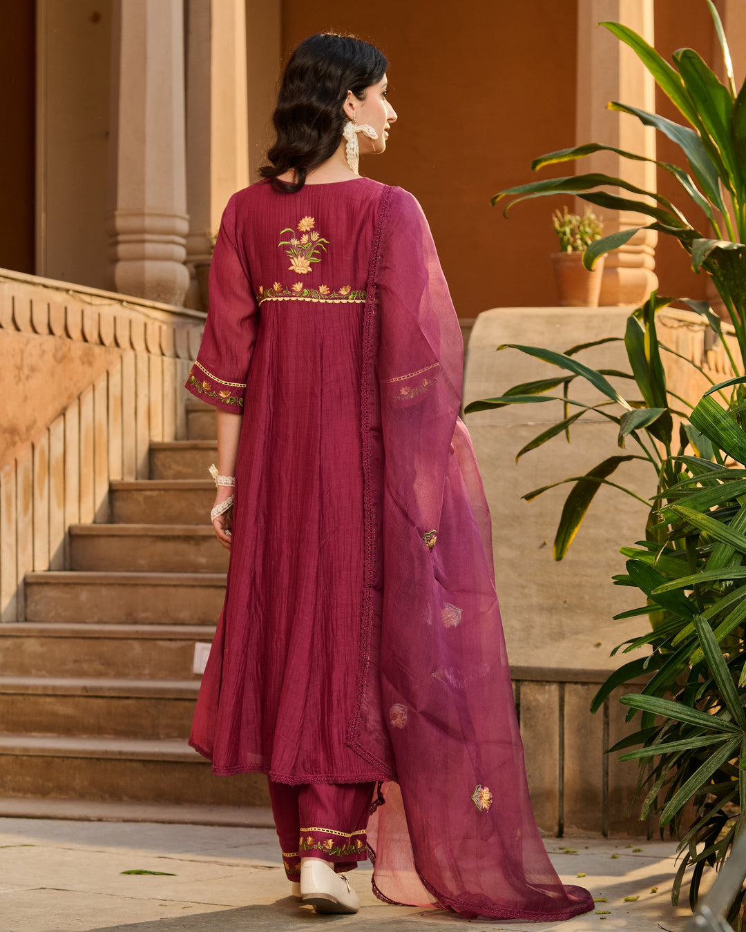 Jugal Wine Embroidered Chanderi Suit Set