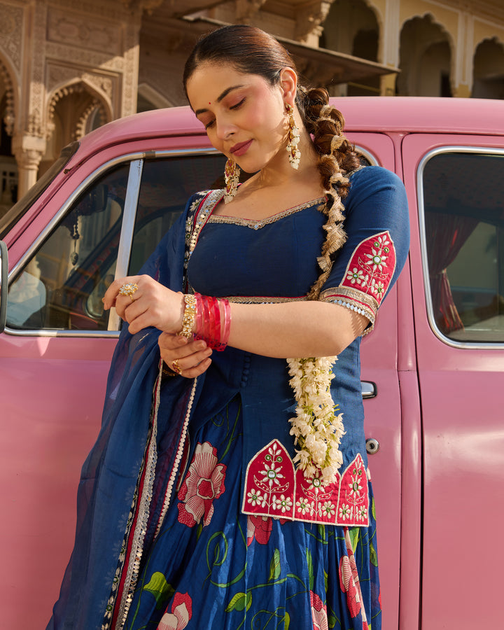 Taj Blue Printed Chanderi Lehenga Set