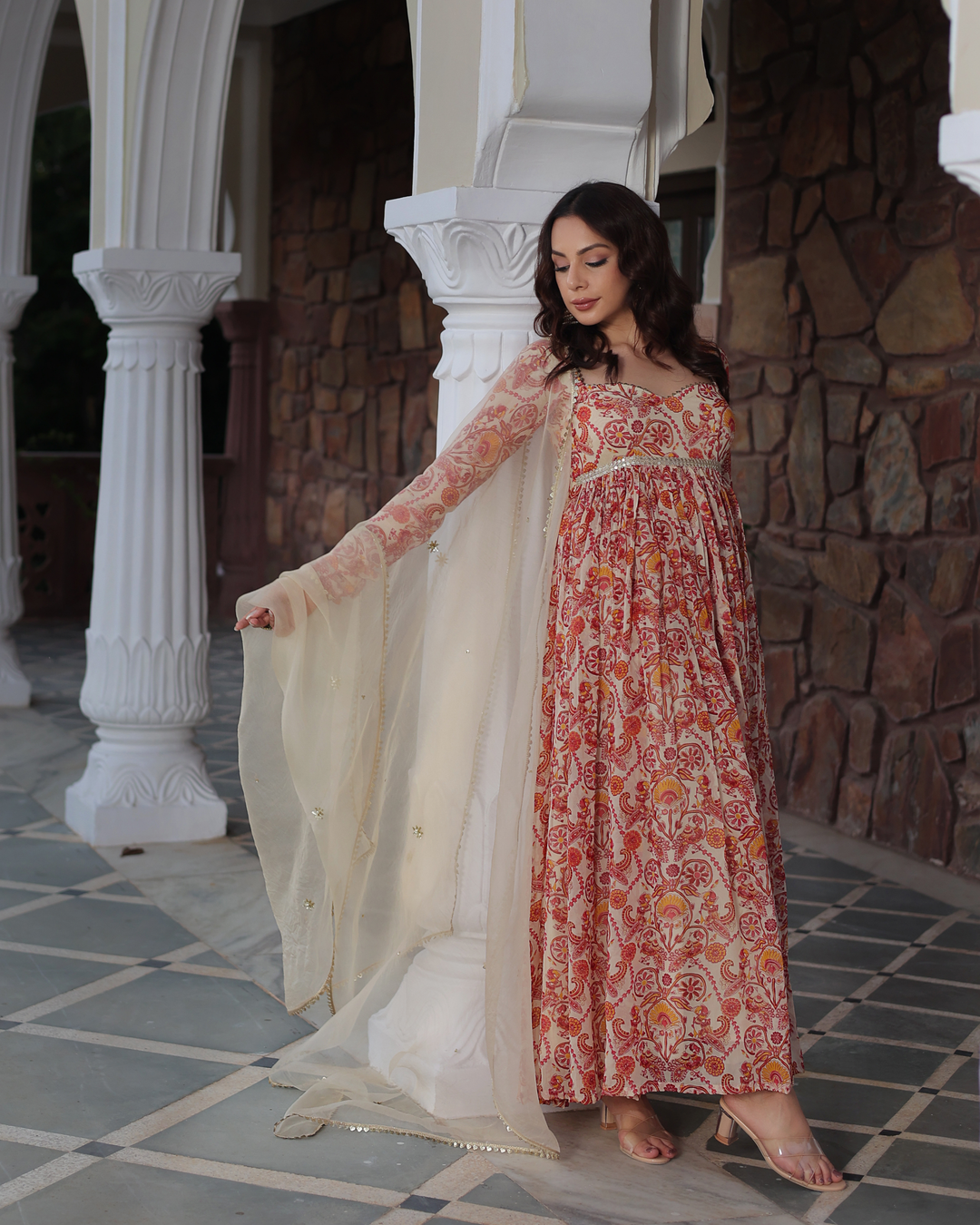 Marigold Cream Delight Printed Georgette Suit Set